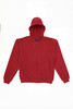 A red zip-up hoodie featuring a hood and a front zipper. It has a logo on the inner label.