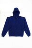 A navy blue hoodie with a zip, featuring a hood and two front pockets. The product has a logo.