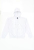 A white zip-up hoodie with a hood and front pockets, featuring a logo.