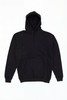 A black hoodie with a front pocket and a drawstring hood. It features a logo on the material.