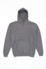 A grey hoodie with a front pocket and a drawstring hood. It features a branding logo.