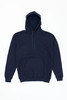 A navy blue hoodie featuring a front pocket and a drawstring hood, with branding on the garment.
