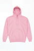 A pink hoodie featuring a front pocket and adjustable drawstrings. It includes a logo or branding on the design.