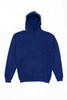 A blue hoodie with a front pocket and a drawstring hood, featuring a logo.