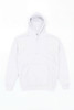 A white hoodie featuring a front pocket and a drawstring hood, with a logo on the front.