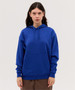 A blue hoodie with a front pocket and a drawstring hood, featuring a small logo.