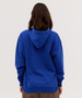 A blue hoodie with a hood, featuring a relaxed fit and a plain back. It has a logo present on the garment.