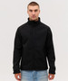 A soft shell jacket in black, featuring a zip front and a high collar, worn by a model. It has a logo on the chest.