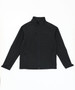 A black softshell jacket featuring a zippered front, long sleeves, and multiple pockets. It has a logo on it.