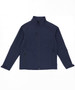 A navy softshell jacket featuring a zip front, stand collar, and multiple zippered pockets. It has a logo on it.