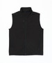 A black softshell vest with a high collar and zippered pockets. It features a simple design and has a branding logo.