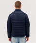 A navy blue puffer jacket with a high collar and horizontal quilting, featuring a logo on the back.