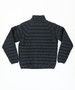 A black puffer jacket featuring a quilted design and high collar, with a logo on the back.
