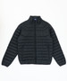 A black puffer jacket with a zippered front and two side pockets, featuring a logo on the collar.