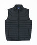 A black puffer vest with a zip front and two side pockets, featuring a logo on the collar.