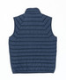 A navy blue puffer vest with a textured, quilted pattern and a high collar. It has a logo on the back.