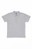 A grey polo shirt featuring a collar and short sleeves, with a logo on the chest area.