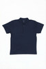 A navy polo shirt laid flat with a collar and button placket, featuring a brand logo.