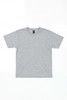 A grey t-shirt laid flat, featuring a crew neckline and short sleeves. The shirt has a logo on the label.