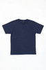 A navy blue T-shirt featuring short sleeves and a crew neckline. It has a branding logo on the inside label.