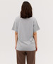 A grey t-shirt with short sleeves, displayed from the back view. The garment features a logo on the back.