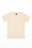 A beige T-shirt displayed flat with a tag, featuring a simple design and no visible logos.