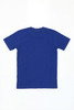 A blue t-shirt with short sleeves, view from the back, featuring a logo.