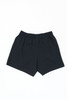 A pair of black running shorts with an elastic waistband and no visible pockets. Features a logo.
