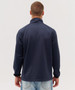 A navy soft shell jacket with a high collar, featuring a simple design and no visible logos, viewed from the back.