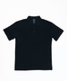 A black polo shirt with a collar and three buttons, featuring a logo on the chest area.
