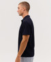 A navy polo shirt for men, featuring a classic collar and short sleeves, with a visible branding logo.