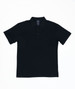 A black women's polo shirt with a collar and a button placket, featuring a branding logo.