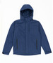 A navy blue soft shell jacket featuring a hood and zippered pockets, with a logo on the front.