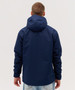 A navy blue soft shell jacket featuring a hood, viewed from the back. It has a logo on the sleeve.
