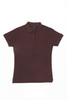A maroon women's polo shirt with a classic collar and short sleeves. It features a logo on the chest.