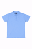 A light blue women's polo shirt with a collar and a logo on the chest.
