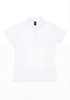 A white women's polo shirt with short sleeves and a collar, featuring a branding label.
