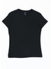A black women's essential tee with a fitted design and short sleeves, featuring a logo on the label.