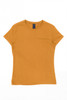A mustard yellow women's essential tee with short sleeves and a round neckline, featuring a brand label.