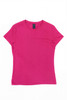 A pink women's essential tee shirt with a round neckline and short sleeves, featuring a logo on the tag.