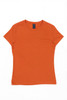 An orange women's essential tee featuring a classic crew neck and short sleeves. It has a brand label inside.