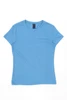 A blue women's essential tee with a fitted design and a branding label on the inside neck.