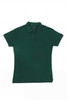 A green women's polo shirt with a classic collar and short sleeves, featuring a branded logo.
