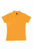 A women's polo shirt in bright orange with a collar and short sleeves, featuring a logo on the tag.