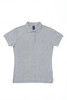 A grey women's polo shirt with short sleeves, featuring a collared neckline and a logo on the chest.