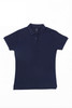 A navy blue women's polo shirt featuring a collar, short sleeves, and a button placket. It has a logo on the chest.