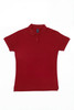A red women's polo shirt with short sleeves and a collar, featuring a logo on the chest.