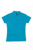 A turquoise women's polo shirt featuring a classic collar and short sleeves, with a logo on the label.