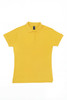 A yellow women's polo shirt with a classic collar and short sleeves, featuring a logo on the front.