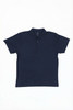 A navy blue women's polo shirt with a collar and three buttons, featuring a logo.